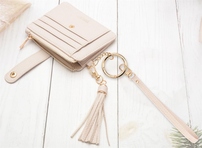 COOLANS Wristlet Bracelet Keychain Card Holder Card Pocket PU Leather Purse Tassel Keychain Bangle Key Ring for Women Girls (Card & Id Holder Purse 08 Litchi Pattern Creamy Grey) - Image 4